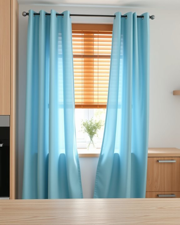 aqua blue curtains brown blinds