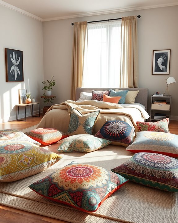 artistic floor cushions enhance ambiance