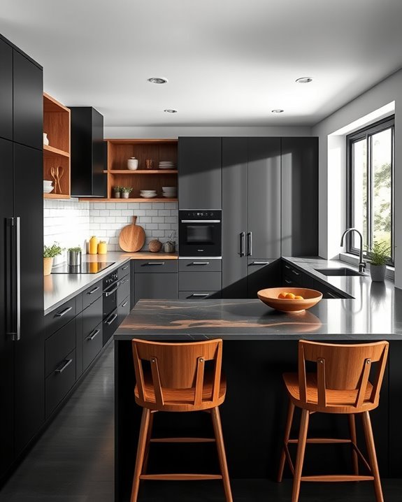 black cabinets wood accents