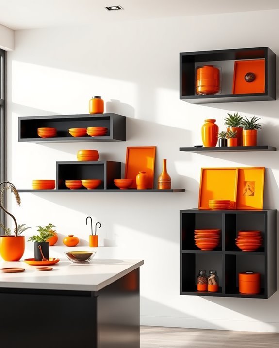 black shelves orange accents