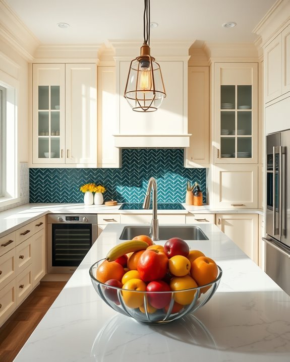 bold backsplash cream cabinets