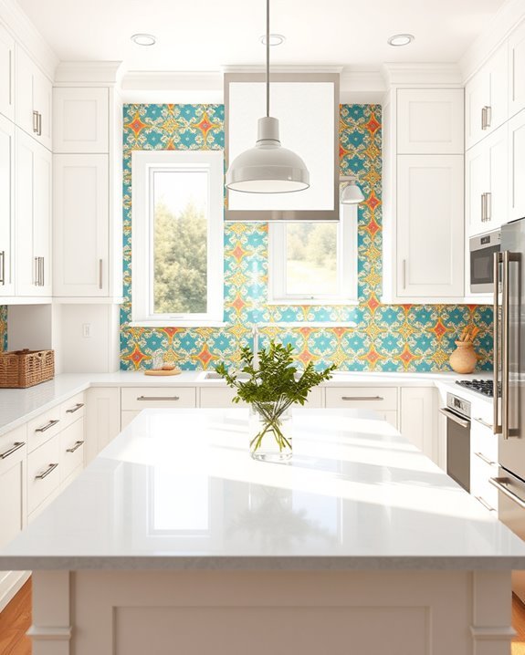colorful backsplash enhances white kitchen