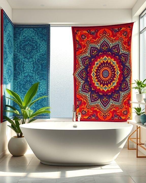 colorful tapestries enhance bathrooms