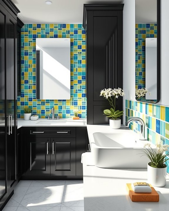 colorful tile backsplashes enhance bathrooms