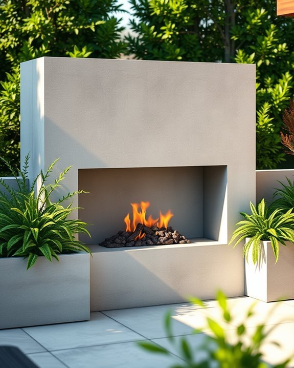 concrete fireplace with greenery