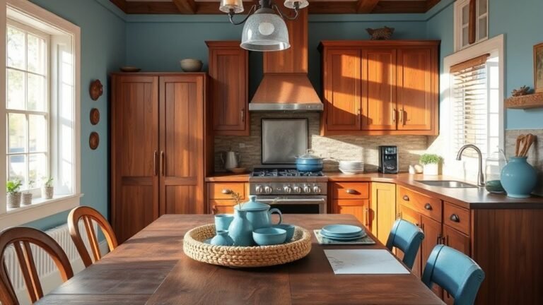 cozy blue and brown kitchen