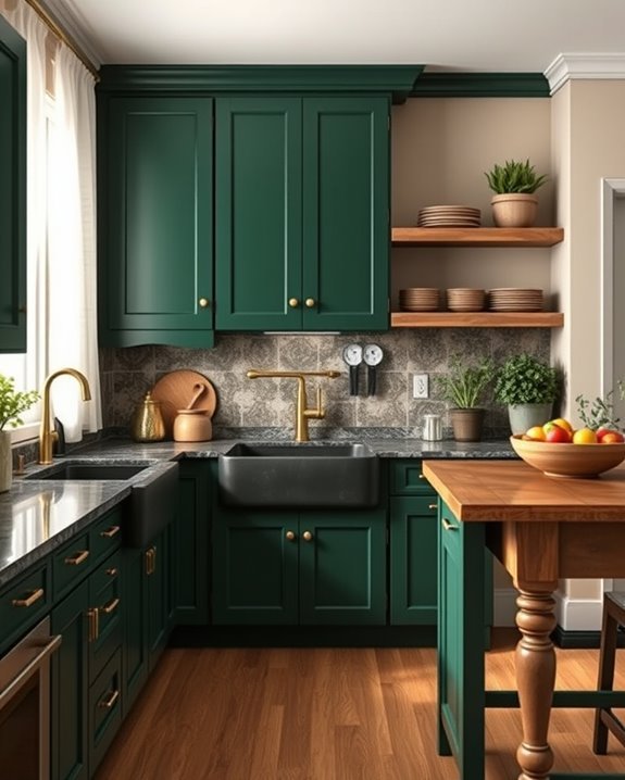 cozy dark green kitchen