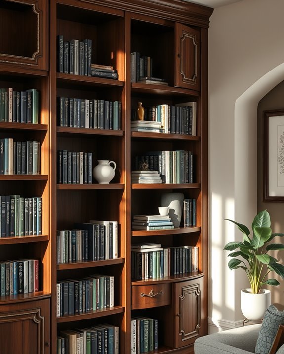 cozy dark wood bookshelves