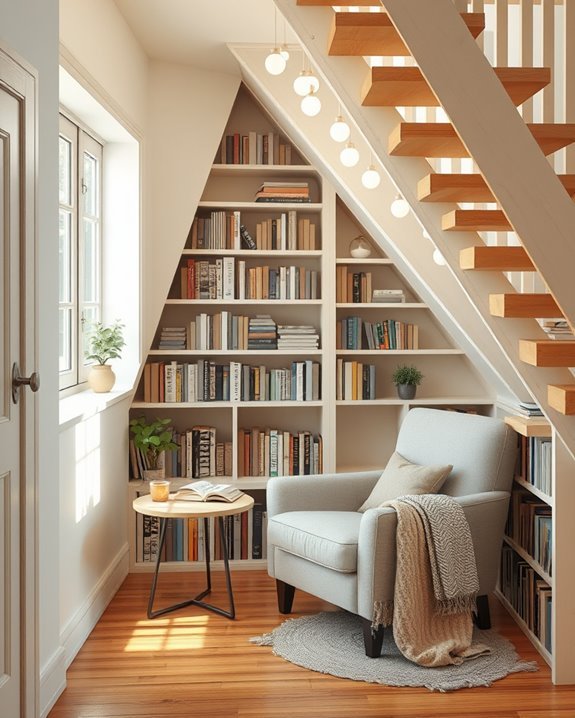 cozy under stairs library nook