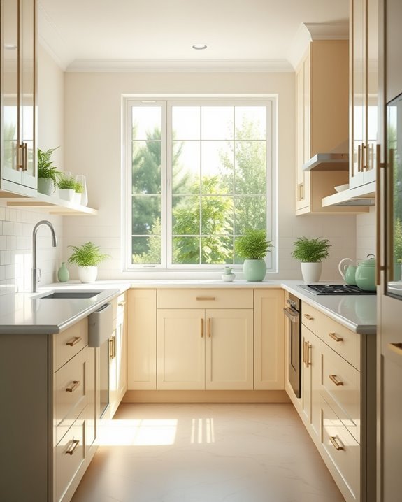 cream cabinets green accents