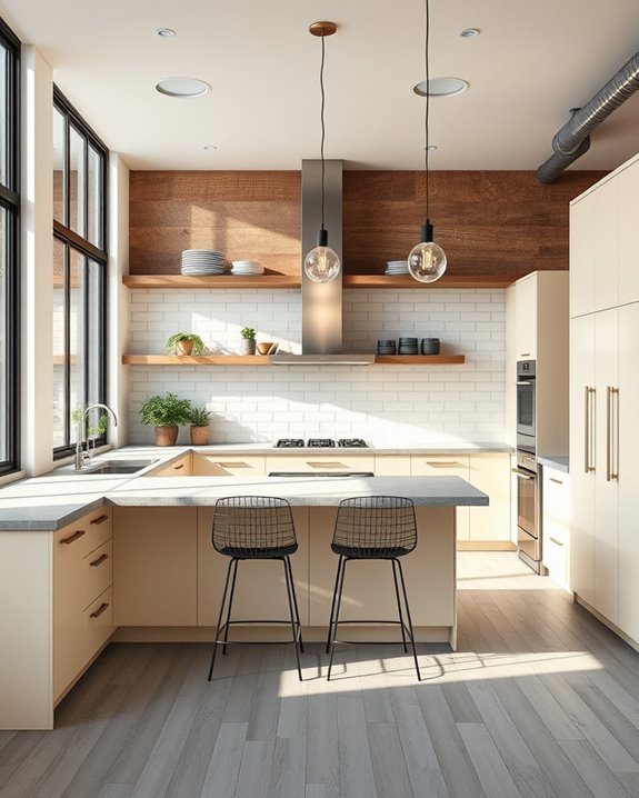 cream cabinets industrial accents