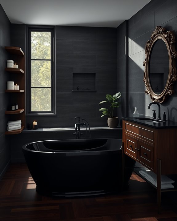 dark wood enhances bathrooms