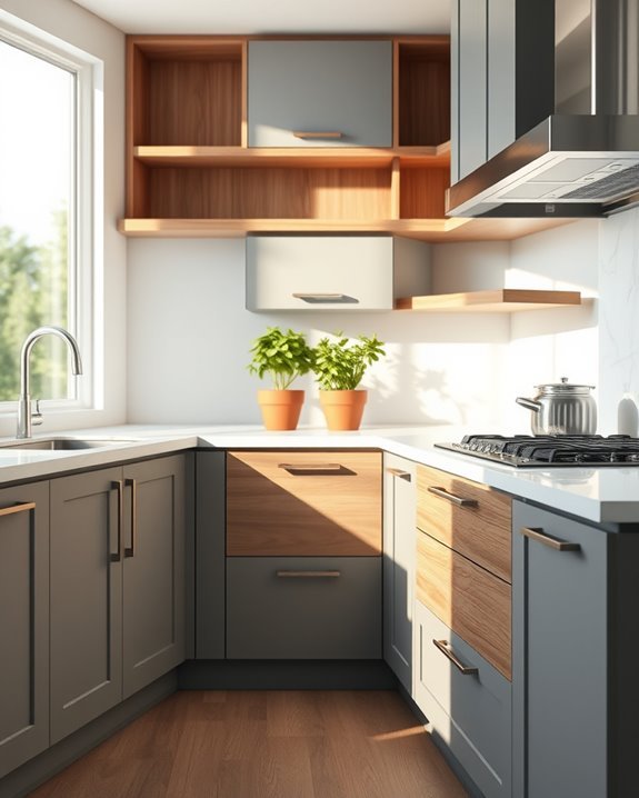grey cabinets warm wood
