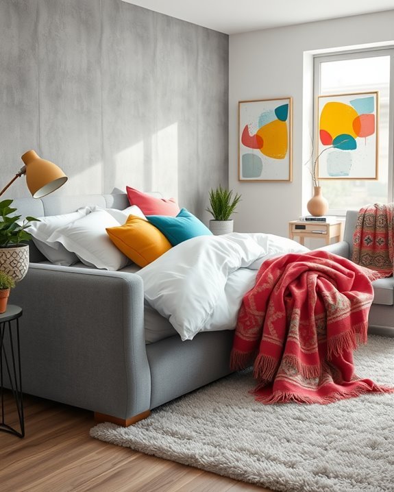 grey drapes vibrant accents