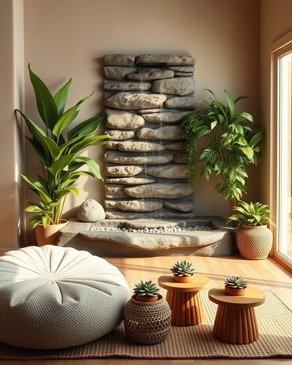 indoor fountain and plants