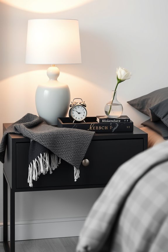 monochrome bedside table decor
