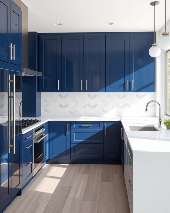 navy blue cabinets white countertops