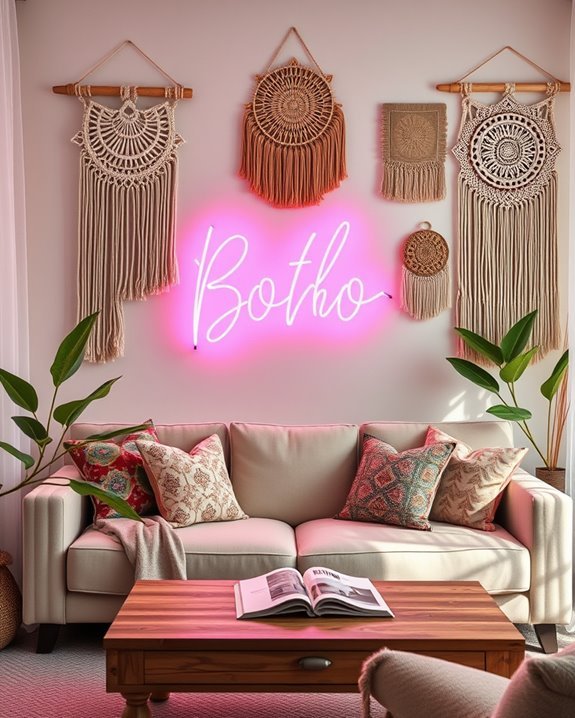 neon signs enhance boho decor