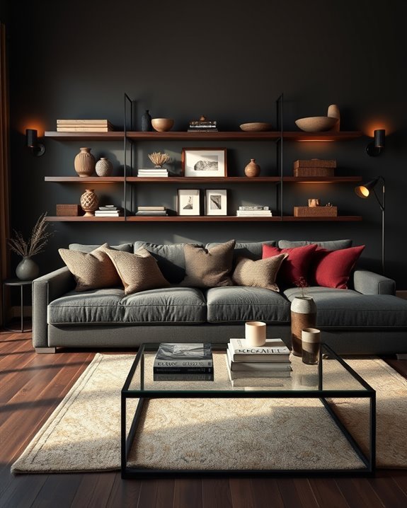 open shelving dark backdrops