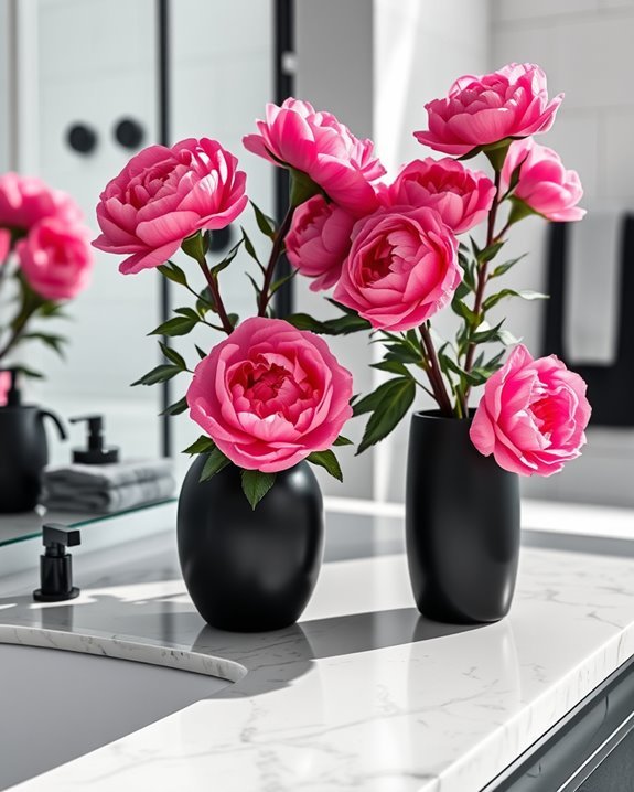 pink flowers in black vases