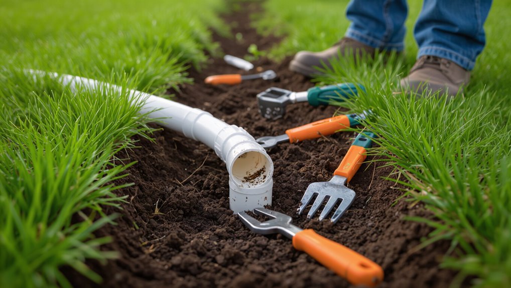 repairing a broken sprinkler pipe