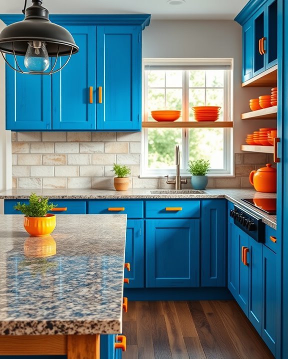 rustic blue orange kitchen contrast