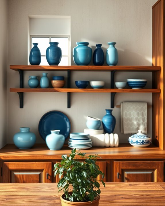 rustic shelving with blue decor