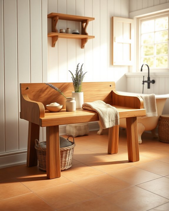 rustic wooden bathroom benches