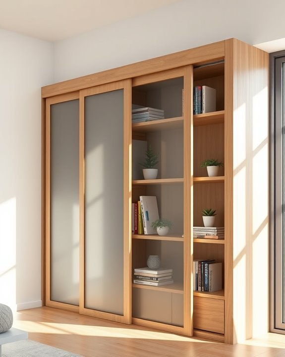 sleek sliding door bookshelves