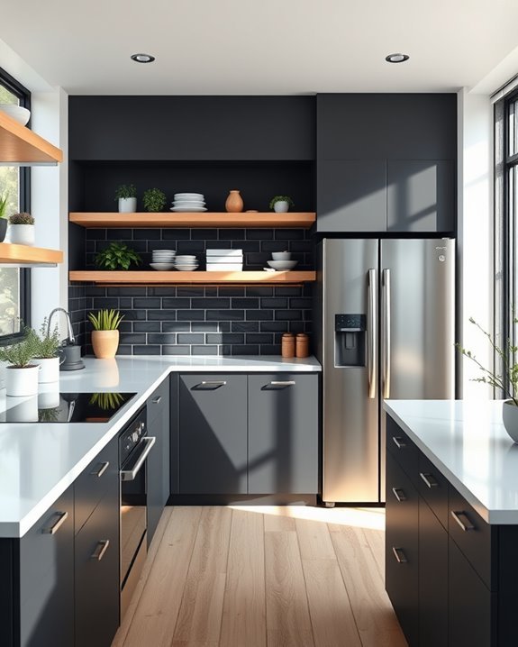 stylish dark kitchen shelving