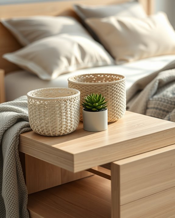 stylish organized bedside baskets