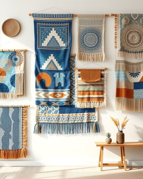 textile art in blue brown