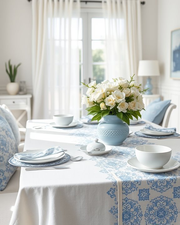 textured blue and white linens