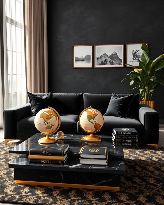 travel inspired black gold decor