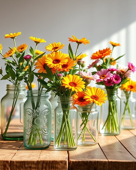 upcycled vases with flowers