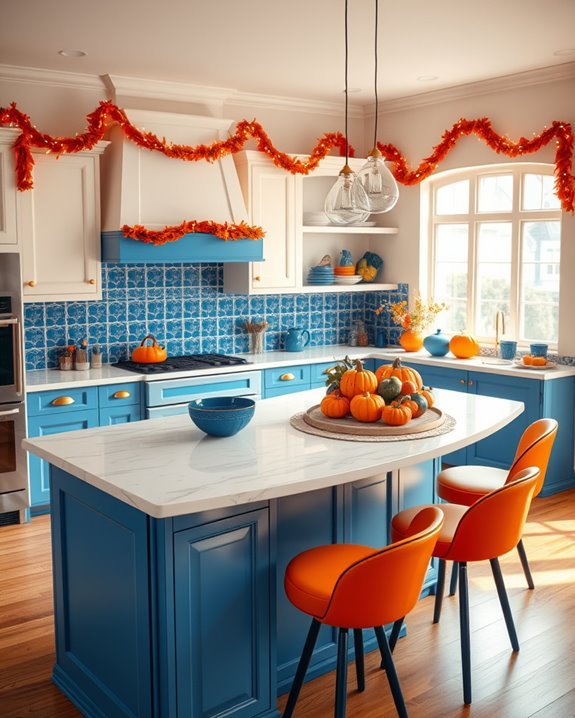 vibrant blue and orange decor
