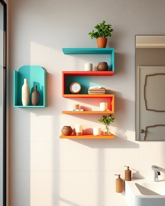 vibrant colorful bathroom shelves
