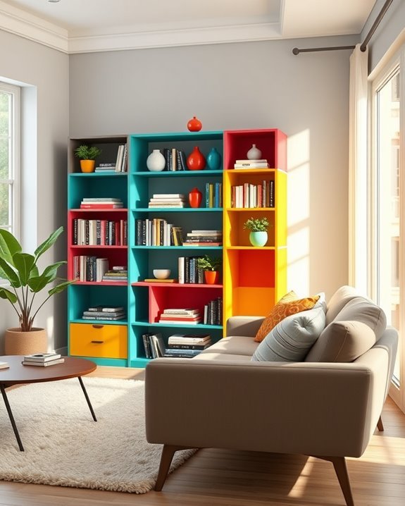 vibrant colorful bookshelf decor