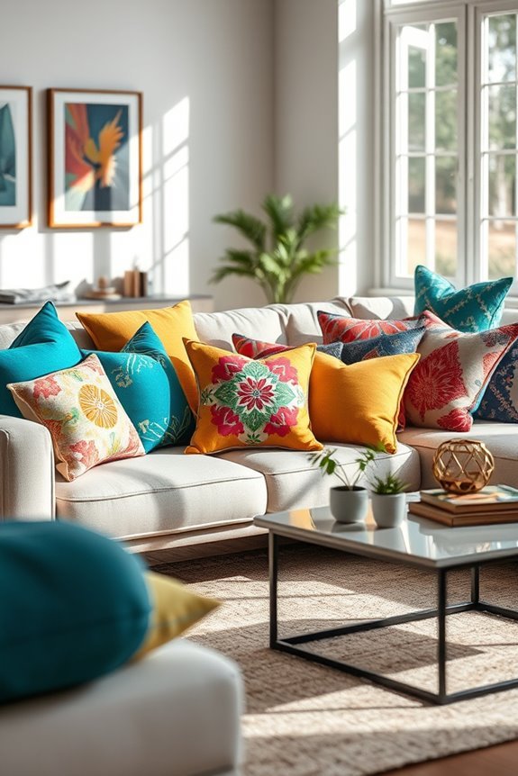 vibrant pillows enhance decor