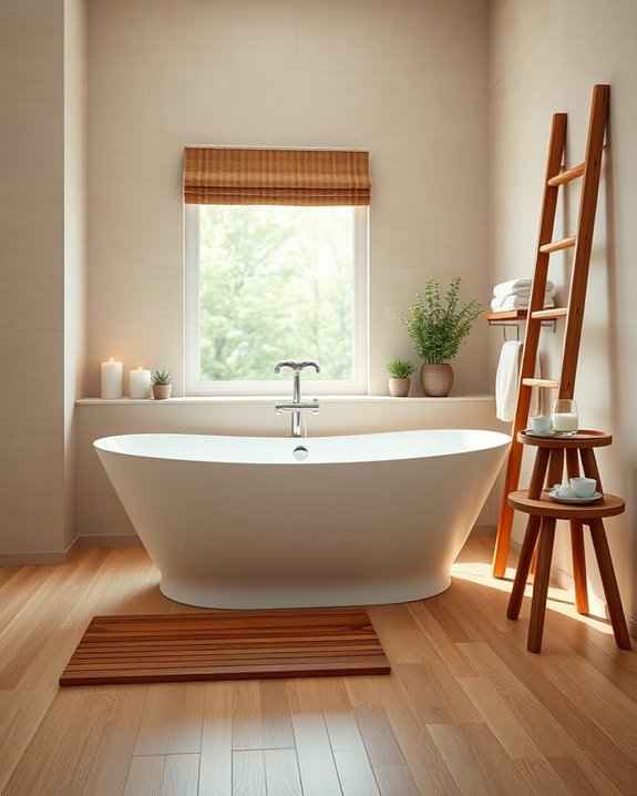 warm wood accents enhance bathrooms
