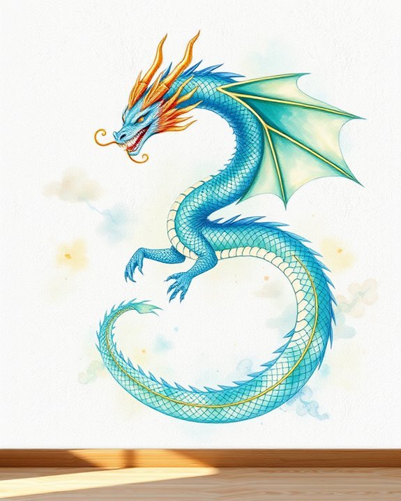 whimsical watercolor dragon mural