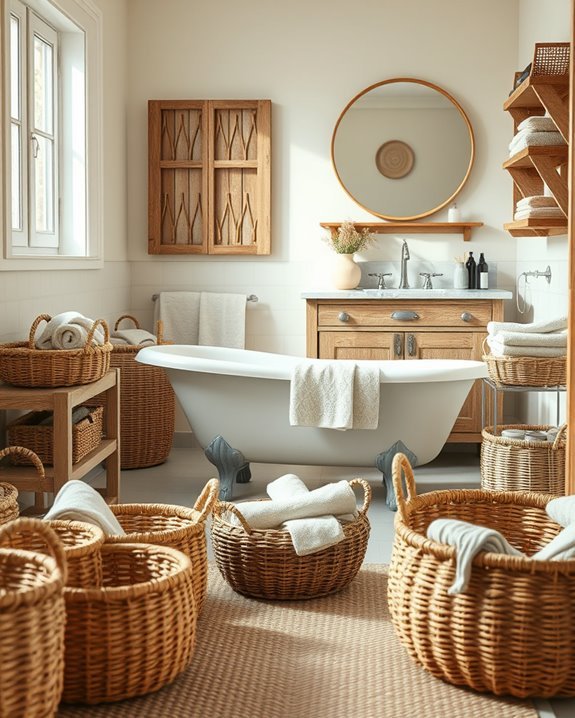 woven baskets enhance bathroom storage